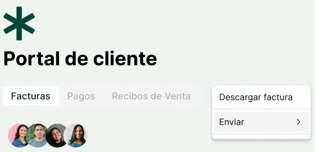 Portal de cliente de gigstack mostrando pestañas de facturas, pagos y recibos de venta, con opción para descargar o enviar facturas automáticamente.